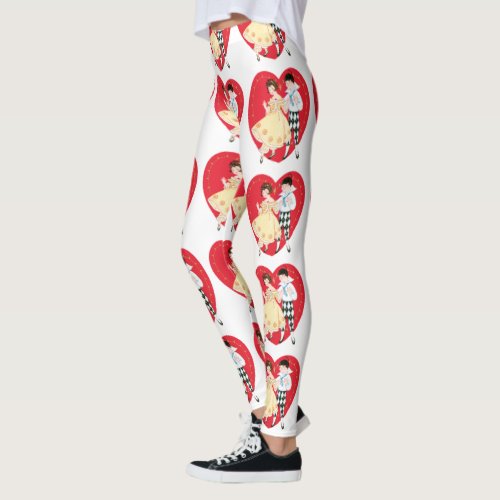 Vintage Valentines Day Retro Harlequin and Heart Leggings