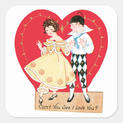 Vintage Valentines Day Retro Harlequin and Heart Square Sticker