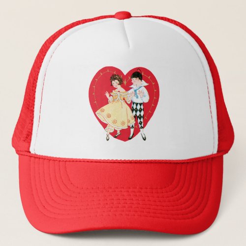 Vintage Valentines Day Retro Harlequin and Heart Trucker Hat