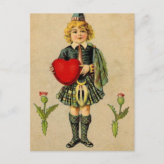 Vintage valentines day Scottish boy & heart Holiday Postcard (Front)