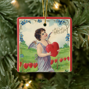 Vintage Valentines Day, Victorian Angel with Heart Ceramic Ornament