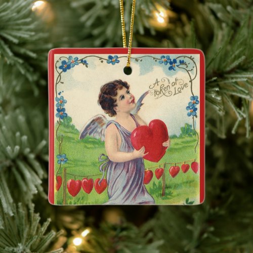 Vintage Valentines Day Victorian Angel with Heart Ceramic Ornament
