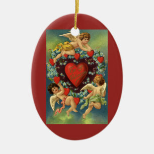 Vintage Valentine's Day, Victorian Angels Hearts Ceramic Ornament