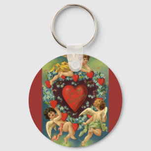 Vintage Valentine's Day, Victorian Angels Hearts Keychain