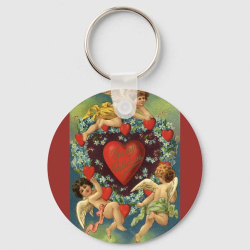 Vintage Valentines Day Victorian Angels Hearts Keychain