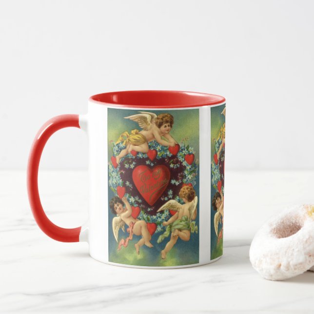 Vintage Valentine's Day, Victorian Angels Hearts Mug (With Donut)