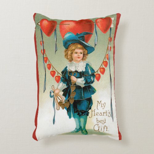 Vintage Valentines Day Victorian Boy with Hearts Accent Pillow