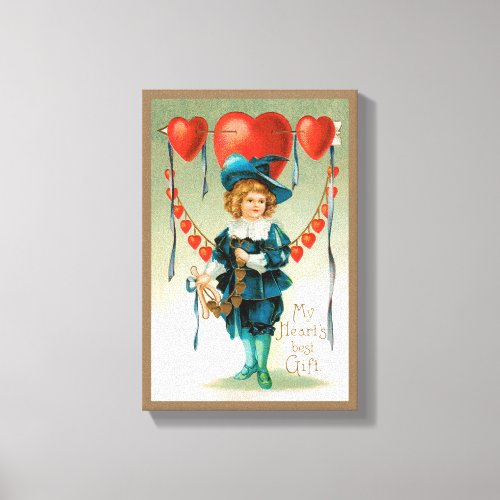 Vintage Valentines Day Victorian Boy with Hearts Canvas Print