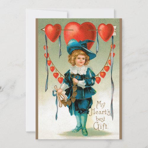 Vintage Valentines Day Victorian Boy with Hearts Holiday Card