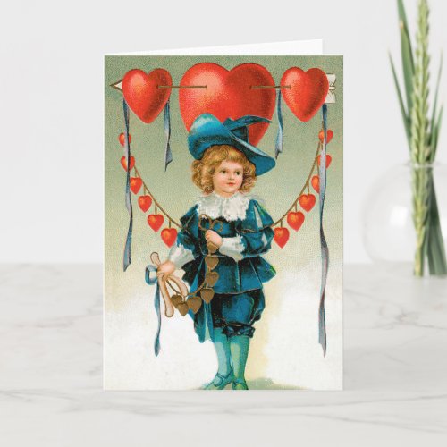 Vintage Valentines Day Victorian Boy with Hearts Holiday Card