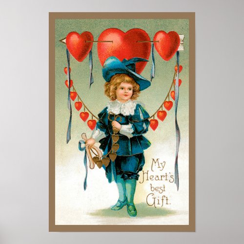 Vintage Valentines Day Victorian Boy with Hearts Poster