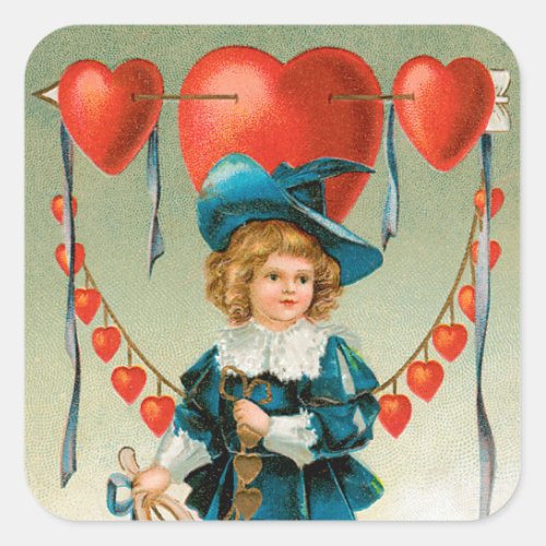 Vintage Valentines Day Victorian Boy with Hearts Square Sticker