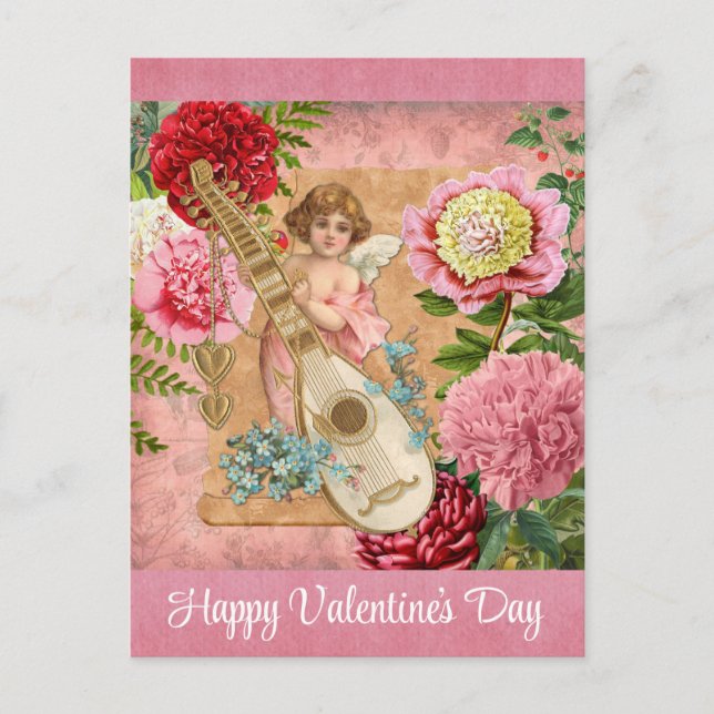 Vintage Valentines Day Victorian Cherub Floral Postcard (Front)