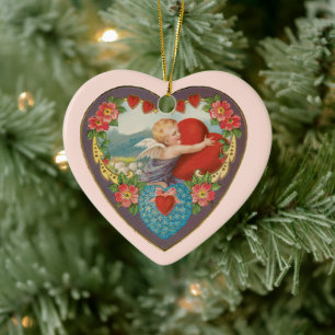 Vintage Valentine's Day, Victorian Cherub Hearts Ceramic Ornament