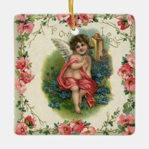 Vintage Valentine's Day Victorian Cherub on Phone Ceramic Ornament