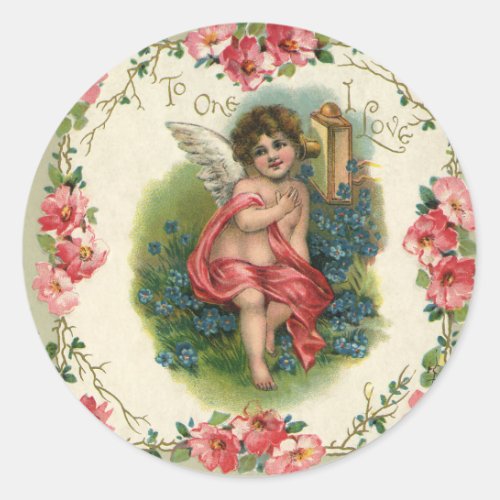Vintage Valentines Day Victorian Cherub on Phone Classic Round Sticker