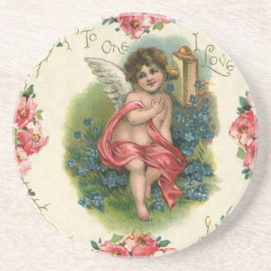 Vintage Valentine's Day Victorian Cherub on Phone Drink Coaster