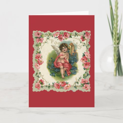 Vintage Valentines Day Victorian Cherub on Phone Holiday Card