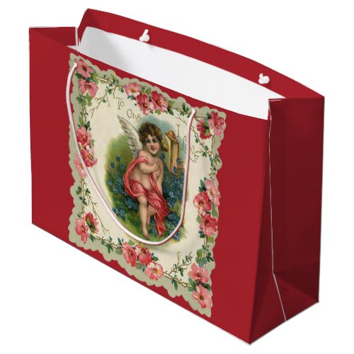 Vintage Valentines Day Victorian Cherub on Phone Large Gift Bag