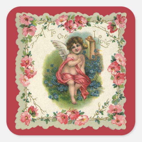 Vintage Valentines Day Victorian Cherub on Phone Square Sticker