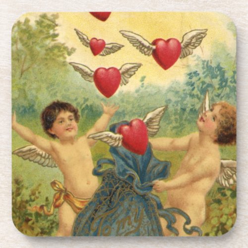 Vintage Valentines Day Victorian Cherubs Hearts Beverage Coaster