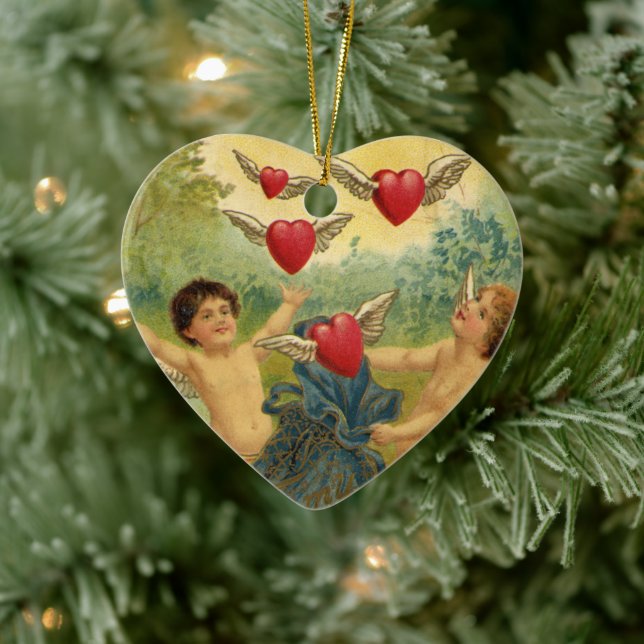 Vintage Valentine's Day, Victorian Cherubs Hearts Ceramic Ornament (Tree)
