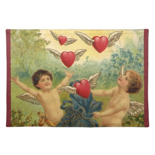 Vintage Valentines Day Victorian Cherubs Hearts Cloth Placemat