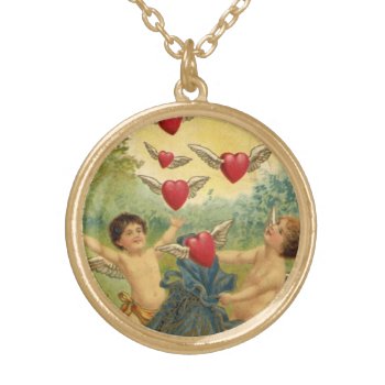 Vintage Valentine's Day  Victorian Cherubs Hearts Gold Plated Necklace by YesterdayCafe at Zazzle