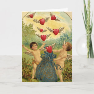 Vintage Valentine's Day, Victorian Cherubs Hearts Holiday Card