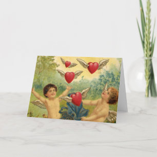 Vintage Valentine's Day, Victorian Cherubs Hearts Holiday Card