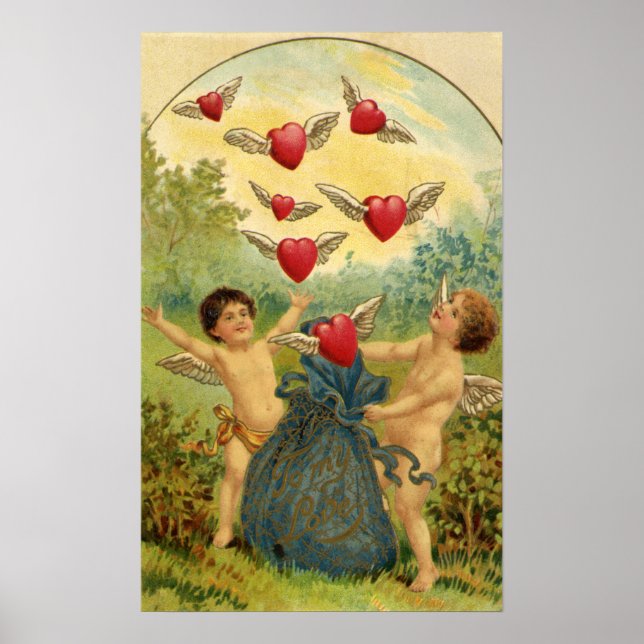 Vintage Valentine's Day, Victorian Cherubs Hearts Poster (Front)