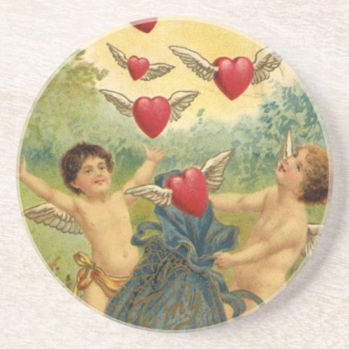 Vintage Valentines Day Victorian Cherubs Hearts Sandstone Coaster