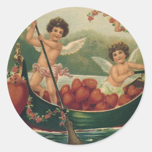Vintage Valentines Day Victorian Cherubs in Boat Classic Round Sticker