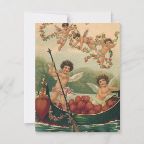 Vintage Valentines Day Victorian Cherubs in Boat Holiday Card