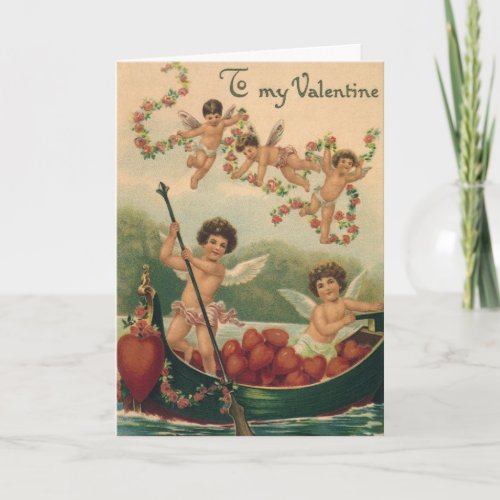 Vintage Valentines Day Victorian Cherubs in Boat Holiday Card