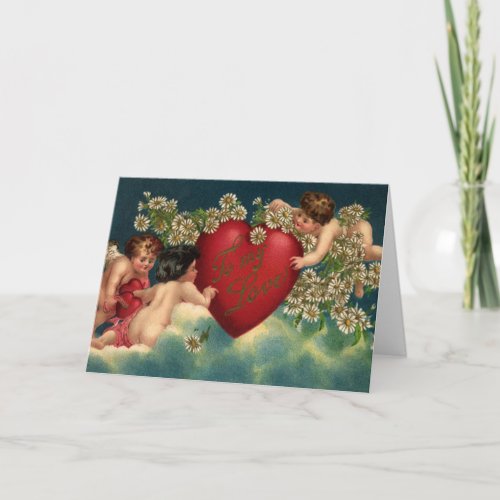 Vintage Valentines Day Victorian Cherubs in Heaven Holiday Card