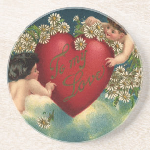 Vintage Valentines Day Victorian Cherubs in Heaven Sandstone Coaster