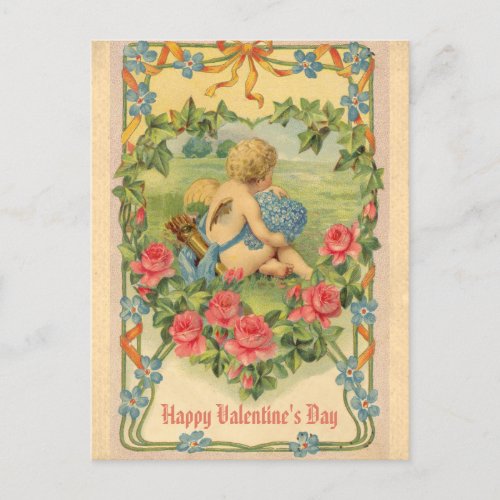 Vintage Valentines Day Victorian Cupid Floral Postcard