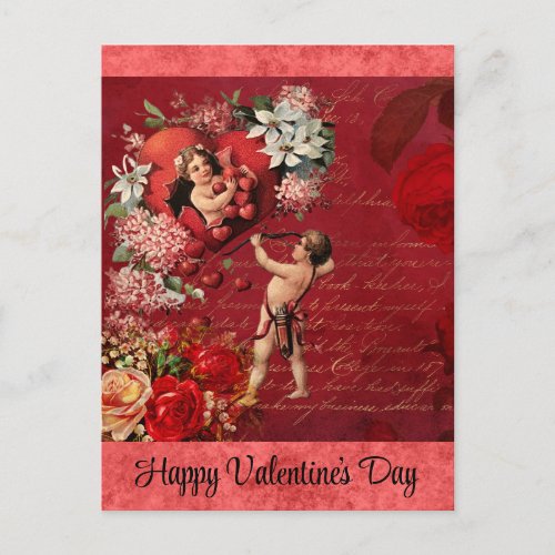 Vintage Valentines Day Victorian Cupid Red Rose Postcard