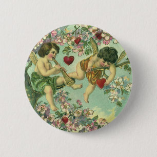 Vintage Valentines Day Victorian Cupids Heart Tree Button