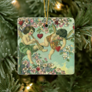 Vintage Valentines Day Victorian Cupids Heart Tree Ceramic Ornament