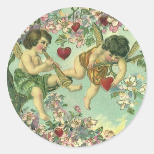 Vintage Valentines Day Victorian Cupids Heart Tree Classic Round Sticker