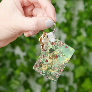 Vintage Valentines Day Victorian Cupids Heart Tree Keychain