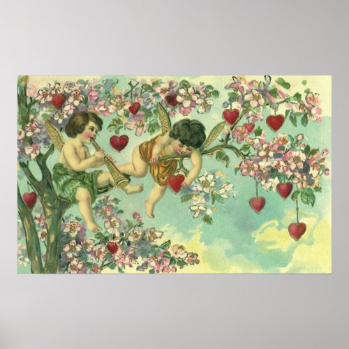 Vintage Valentines Day Victorian Cupids Heart Tree Poster