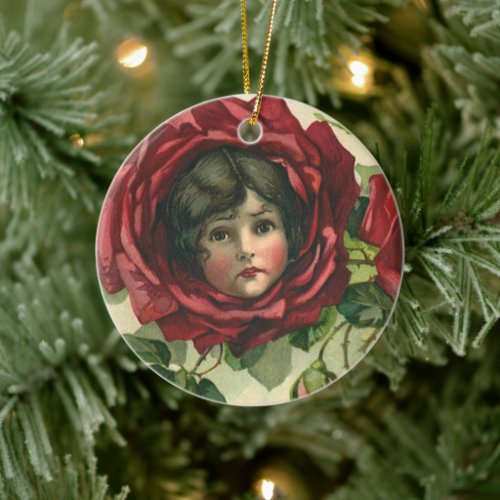 Vintage Valentines Day Victorian Faces in Roses Ceramic Ornament
