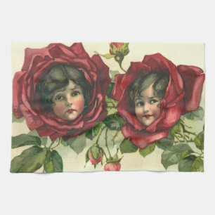 Vintage Valentine's Day, Victorian Faces in Roses Kitchen Towel