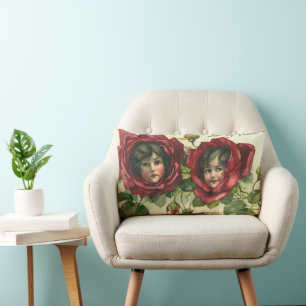 Vintage Valentine's Day, Victorian Faces in Roses Lumbar Pillow