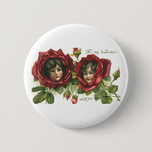 Vintage Valentine's Day, Victorian Faces in Roses Pinback Button