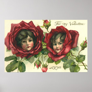 Vintage Valentine's Day, Victorian Faces in Roses Poster