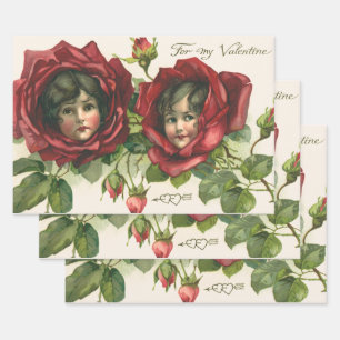 Vintage Valentine's Day, Victorian Faces in Roses Wrapping Paper Sheets